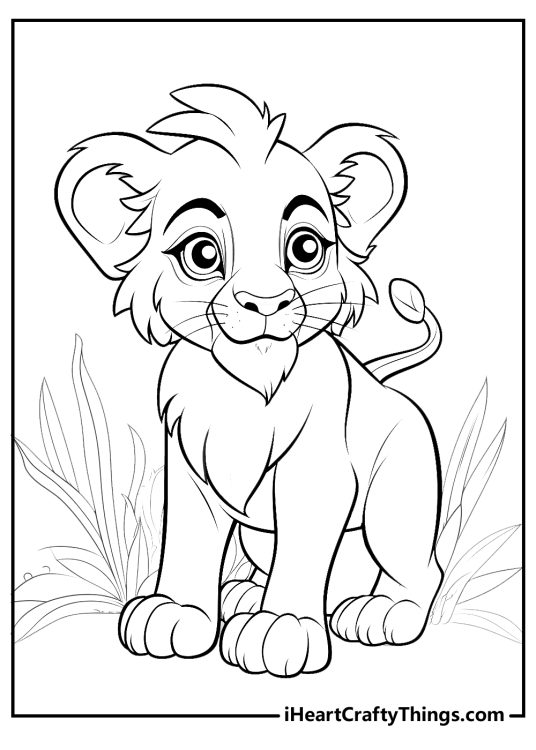 Detailed Lion King poster to color featuring Simba exploring outdoors with curious facial expression