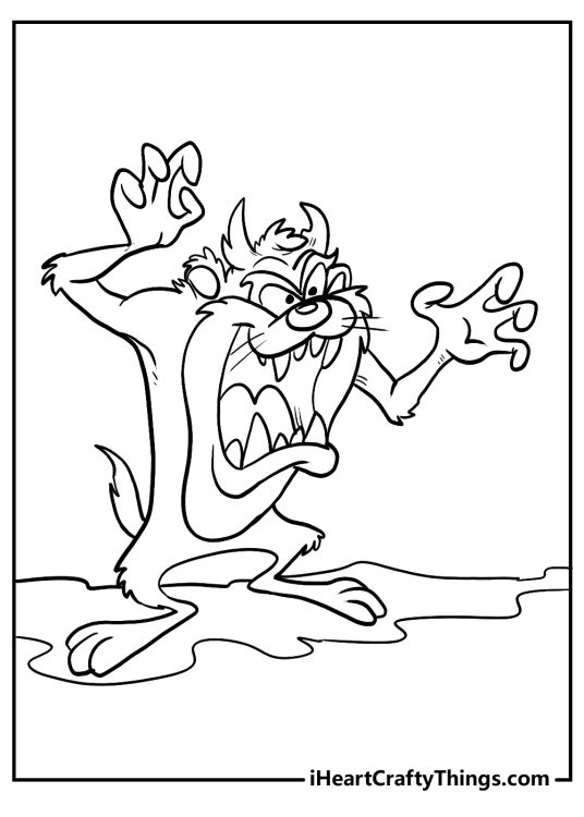 Looney Tunes printable for kids presenting Tazmanian Devil showing off his huge mouth and sharp claws