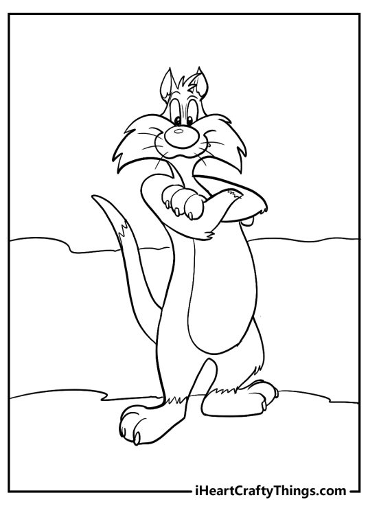 Looney Tunes-themed picture featuring Sylvester with a sneaky look on his face and crossed hands