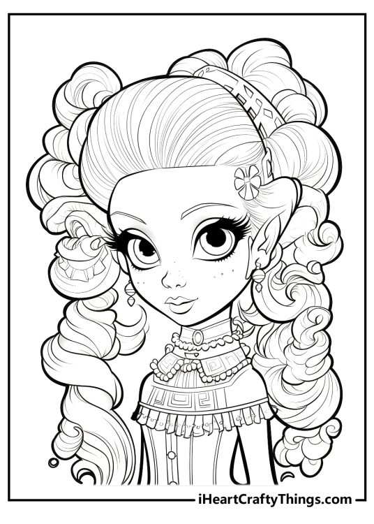 Detailed printable portrait of a young girl with amazing big eyes dressed up as a Monster High character Operetta