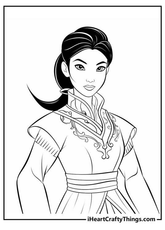 Free printable coloring portrayal of warrior Mulan looking serious and concentrated