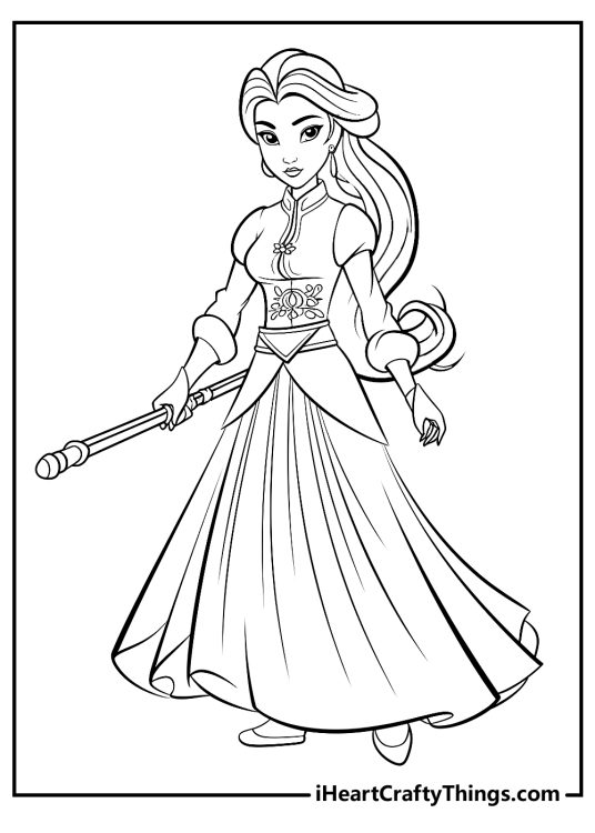 Printable poster depicting Mulan wearing stunning outfit with incredible details