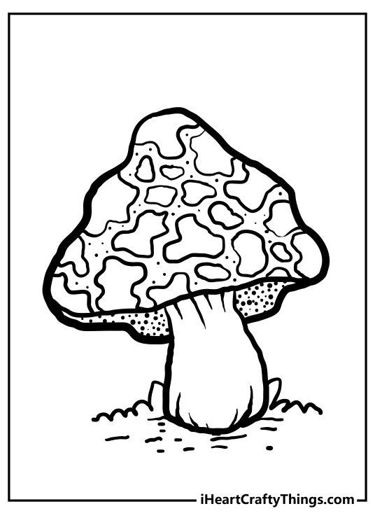 Picture to color featuting unusual mushroom with irregular head shape covered in interesting pattern
