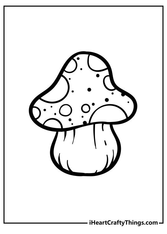 Coloring page for kids presenting mushroom with a thick leg and various spots on its head