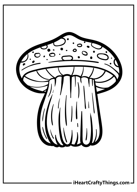 Free to download coloring sheet presenting a stunning mushroom with very thick leg and head covered in spots