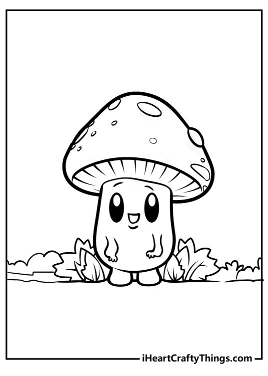 Image of a little cartoony mushroom with arms and legs standing next to some greenery