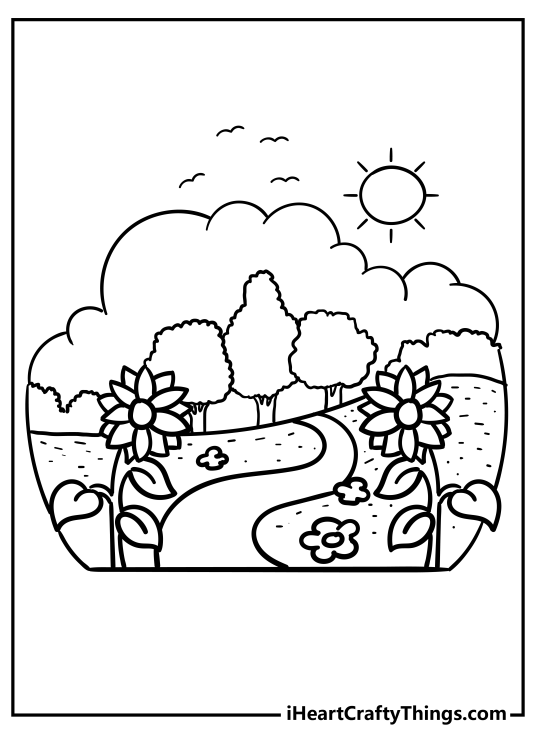 Nature-themed printable presenting charming outdoors scene with blooming flowers and sun shining bright