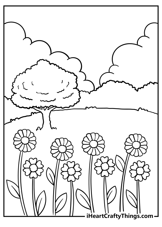 Nature-themed image featuring outdoors scene with flowers in the foreground and various trees in the horizon