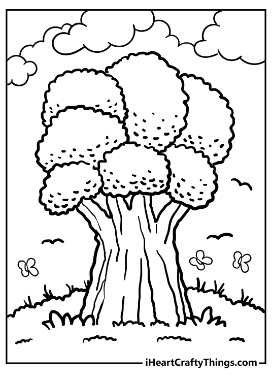 Nature-themed printable image of a large mighty and old tree with butterflies flying around it