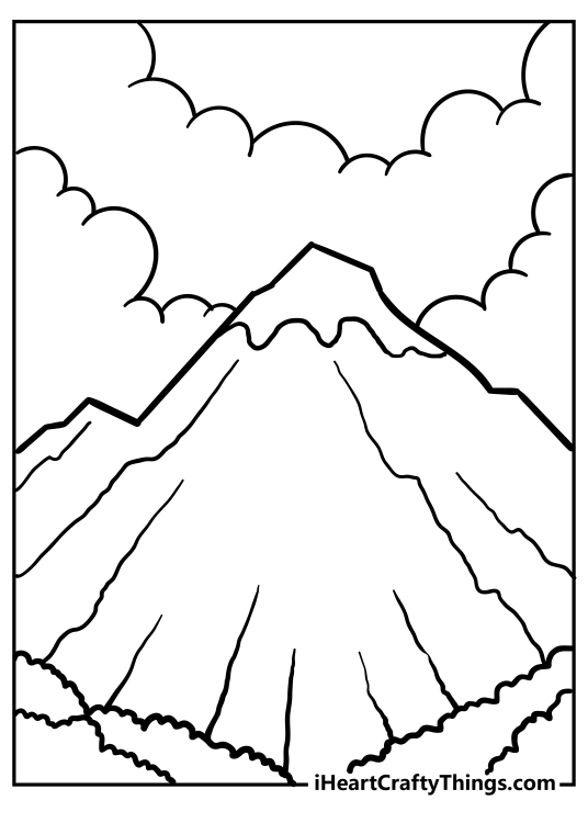 Nature printable presenting a close-up image of a huge mountain with a snowy peak surrounded by clouds