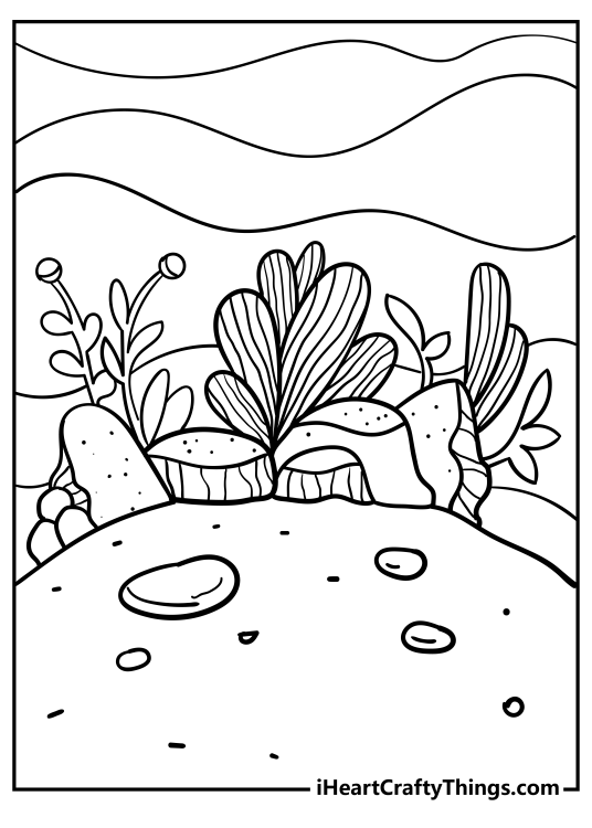 Nature-themed coloring drawing presenting underwater scenery with some rocks and water plants