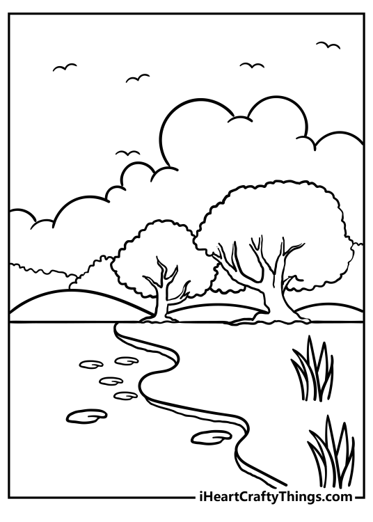 Nature poster depicting peaceful lake with some lily pads in the water and trees filling the background