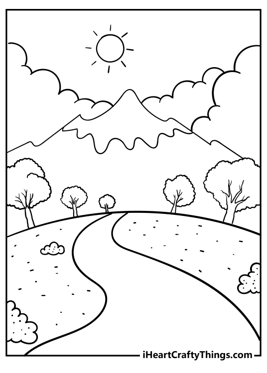 Nature-themed printable page for children depicting a mountain path on a sunny day