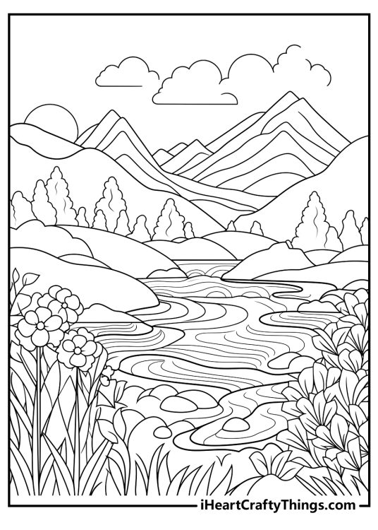 Nature image presenting winding river flowing through the valley with flowers, bushes and trees all around