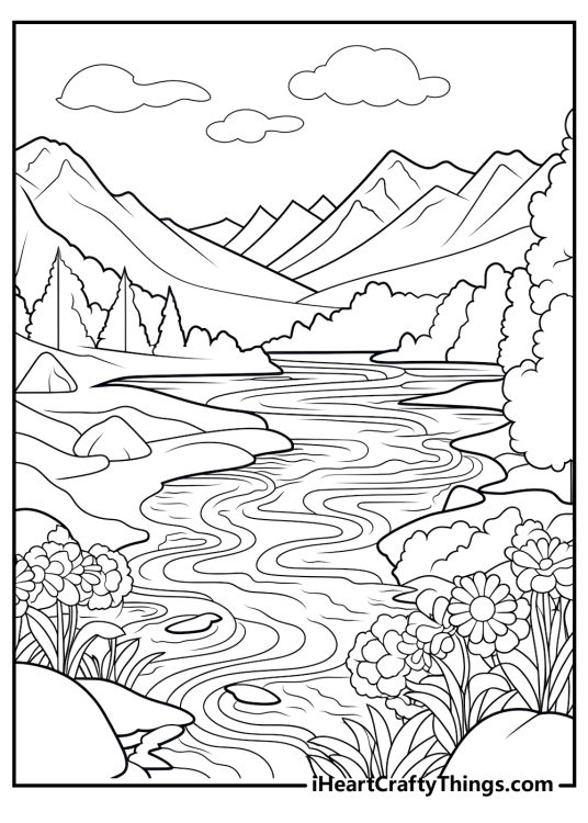Nature-themed poster presenting river winding past rocky banks and grassy hills with mountains in the horizon