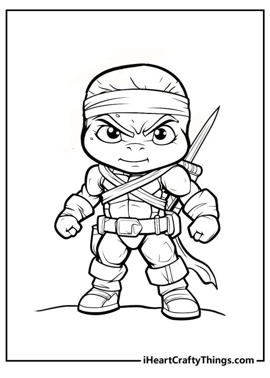 Detailed Ninja Turtles coloring sheet showing Leonardo with his signature katana ready for action