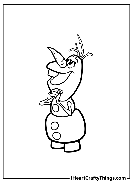 Printable coloring sheet for kids presenting delighted Olaf with head raised up left