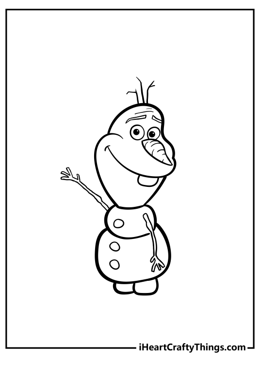 Free coloring portrayal of Olaf waving to us drawn in a simpler style with background left blank