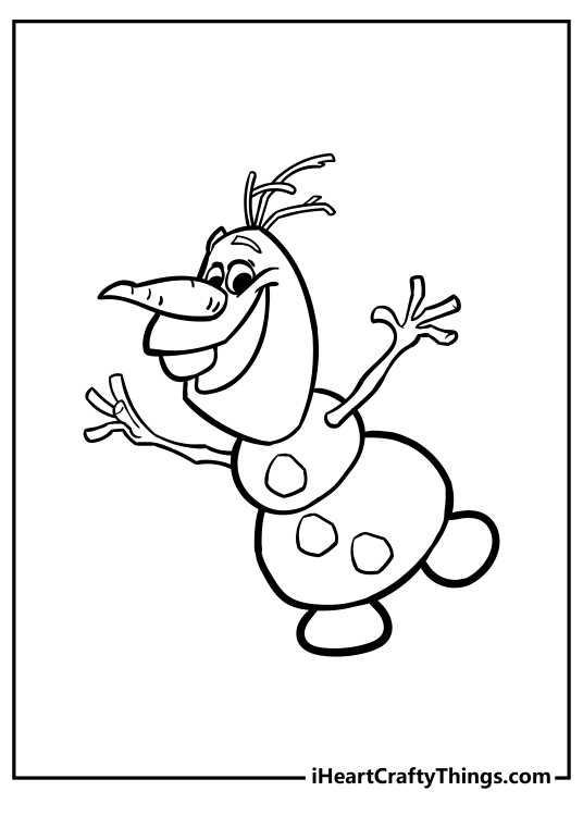 Printable image for children featuring happy-looking Olaf singing with arms spread widely