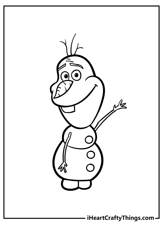 Coloring page for pre-schoolers depicting Olaf waving to us while looking calm and humble