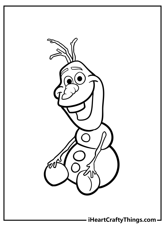 Printable coloring image of a sitting snowman Olaf looking really happy with blank background