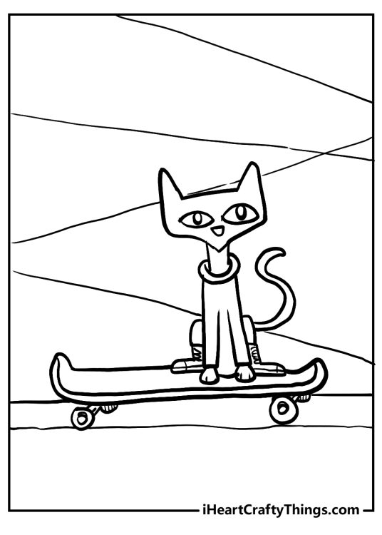 Coloring printable featuring Pete The Cat chilling on his skateboard with segmented background