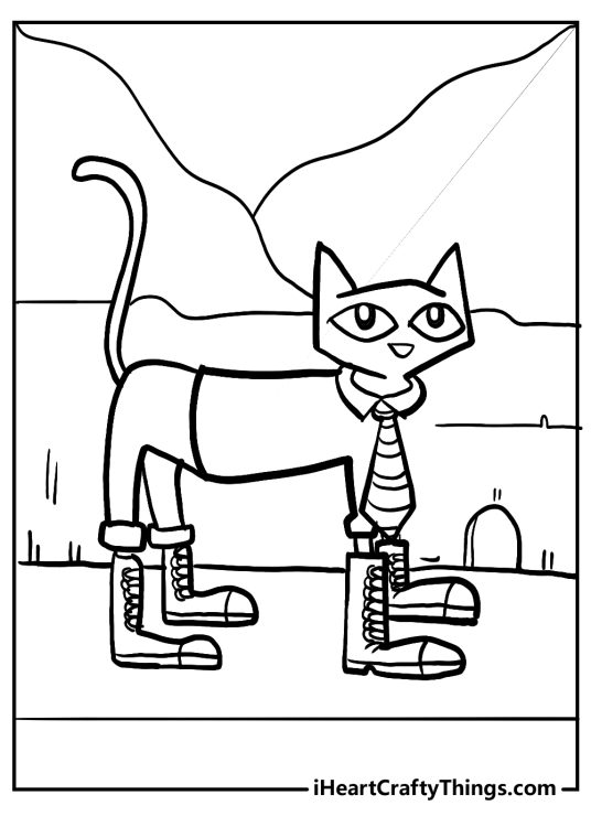 Coloring picture of a Pete The Cat standing outdoors on all four paws in his stylish tie and sneakers
