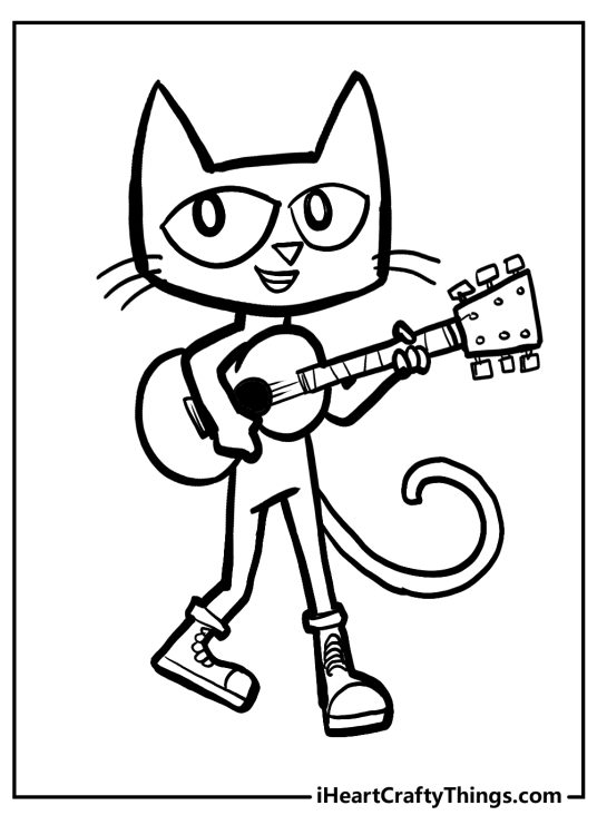 Printable coloring sheet for children of a Pete The Cat jamming out on his guitar