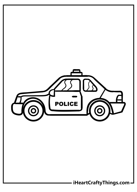 Coloring card presenting typical police car drawn in a cartoonish style with blank background