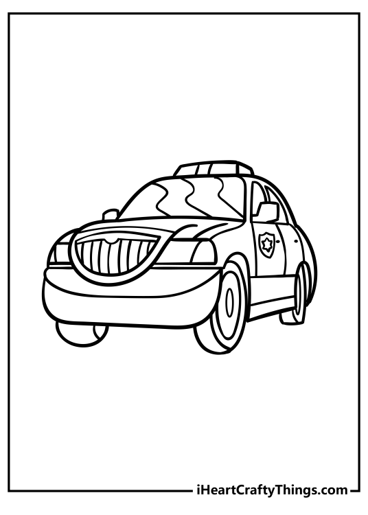 Printable coloring sheet for children depicting front view of a police car with blank background