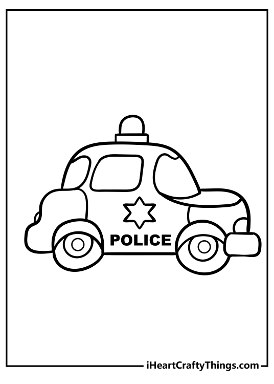 Coloring image for pre-schoolers featuring tiny cartoony police car with rounded corners
