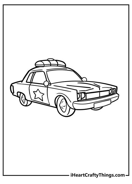 Picture to color presenting realistic design police car with a big star on the side