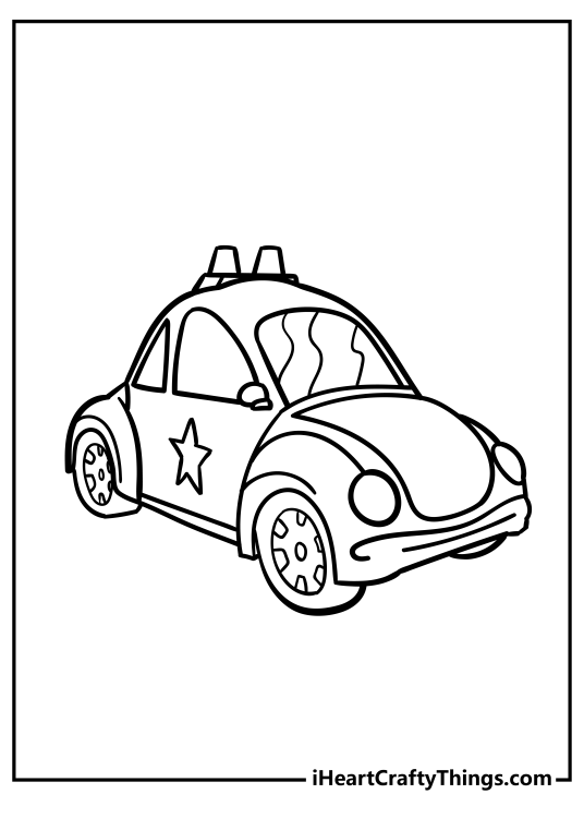 Coloring page to print featuring little rounded police car drawn in a cartoony way