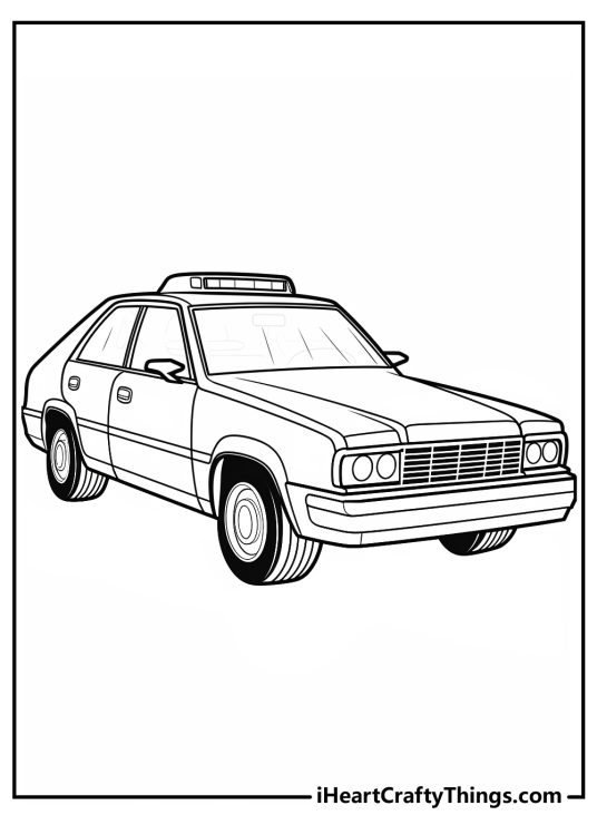 Police car-themed printable image to color featuring a bit of an old-fashioned vehicle