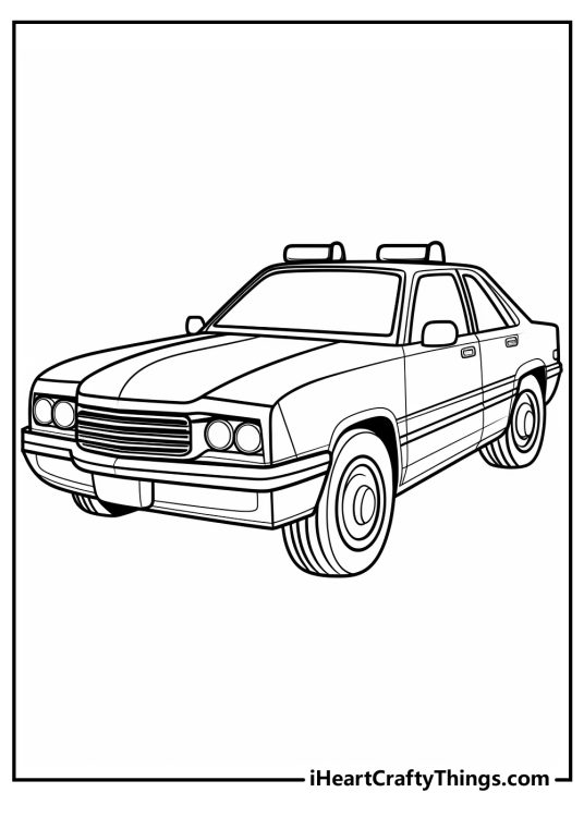 Detailed coloring image of a typical American police car from movies with blank background