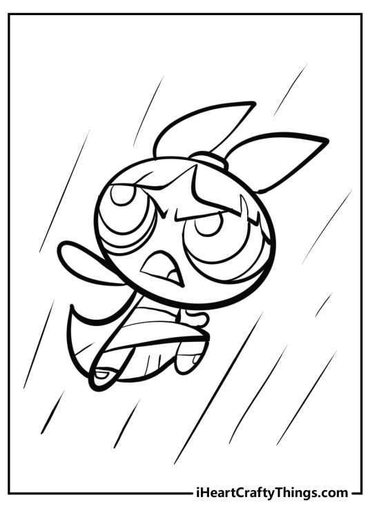Powerpuff Girls-themed printable sheet featuring Blossom soaring upwards with determination in her eyes