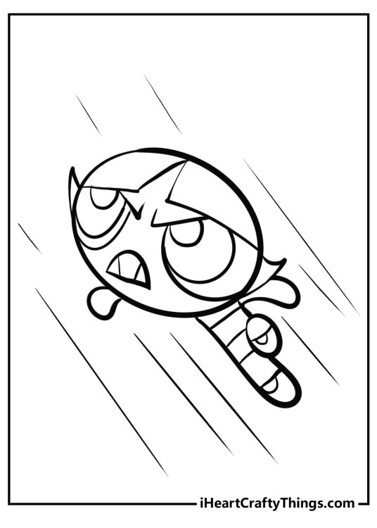 Free coloring printable for kids featuring Buttercup with her fists clenched as she flies into the air