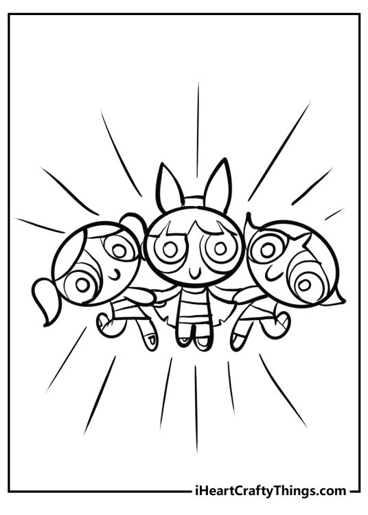 Detailed printable of smiling Powerpuff Girls joining hands in the sky as they fly upward