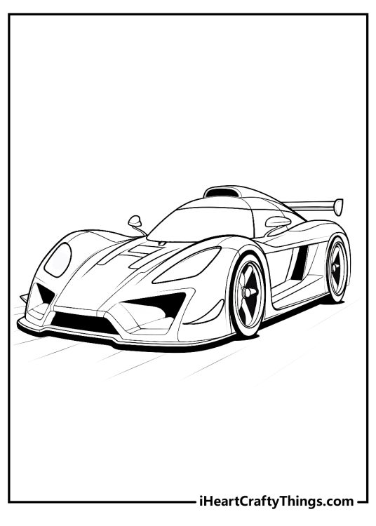 Printable coloring sheet presenting highly detailed modern race car with a spoiler