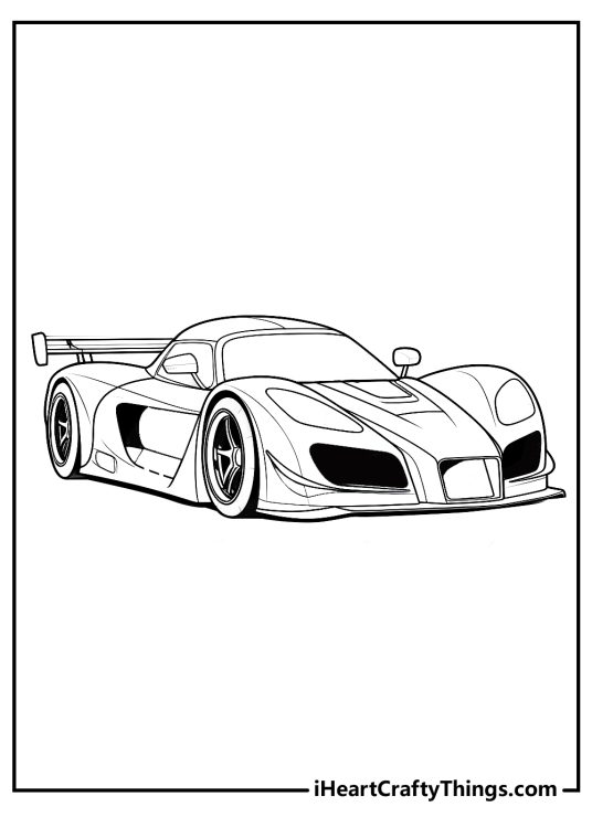 Free printable pdf for children depicting modern rounded race car with a spoiler