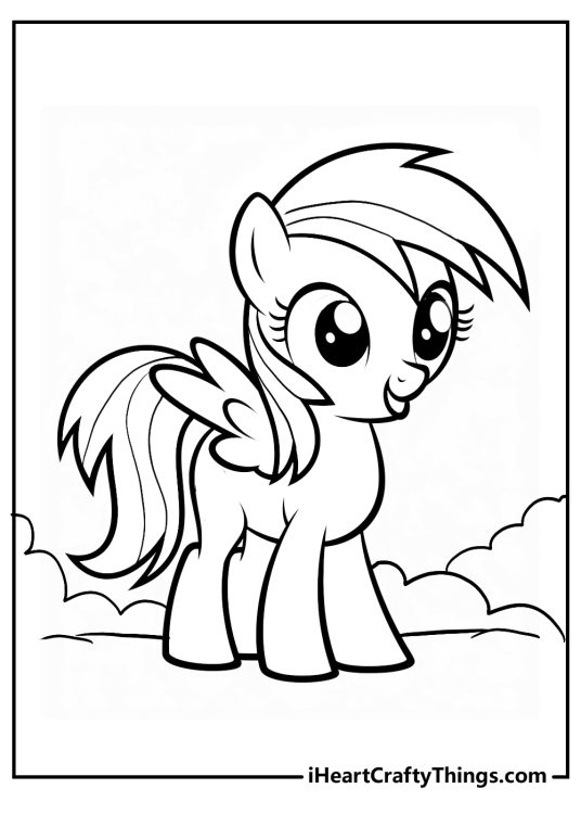 Printable coloring sheet of a pony Rainbow Dash standing tall and proud surrounded by fluffy clouds