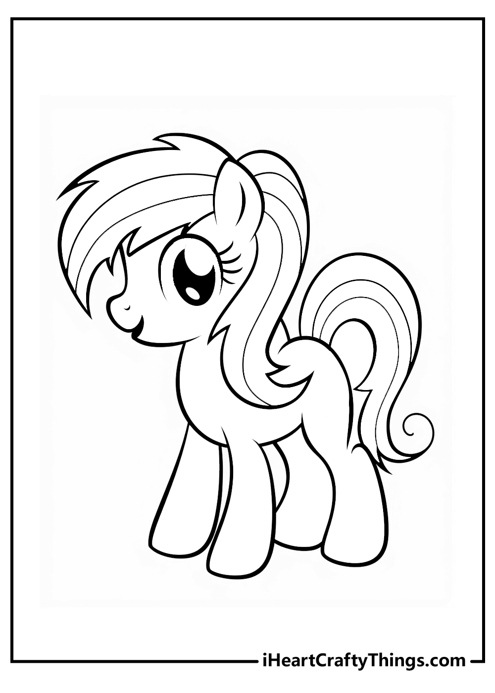 Easy coloring page for children featuring full size pony Rainbow Dash standing turned to the left