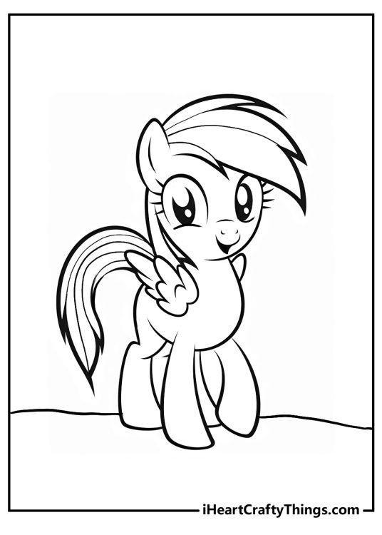 Free coloring page featuring happy pony Rainbow Dash with wings raised up behind her