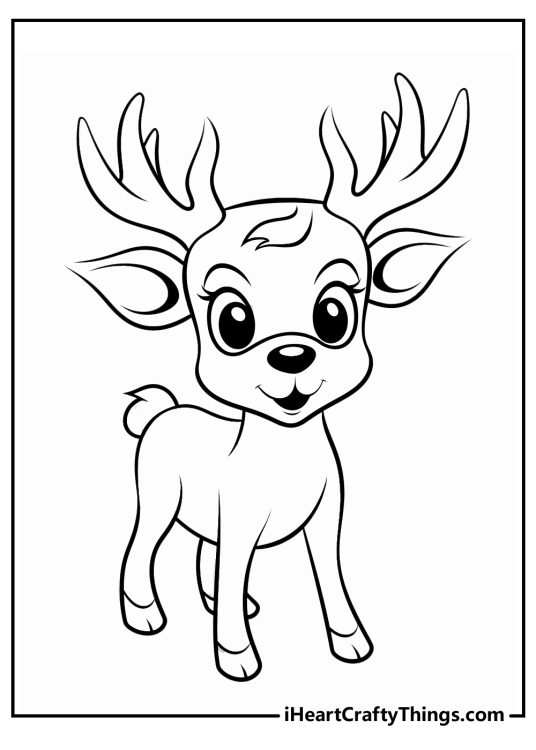 Coloring page of a cute Rudolph with large antlers and big round eyes looking straight ahead