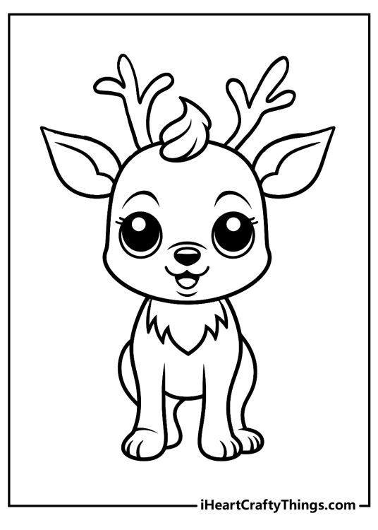 Coloring sheet for pre-schoolers featuring baby reindeer Rudolph with little antlers