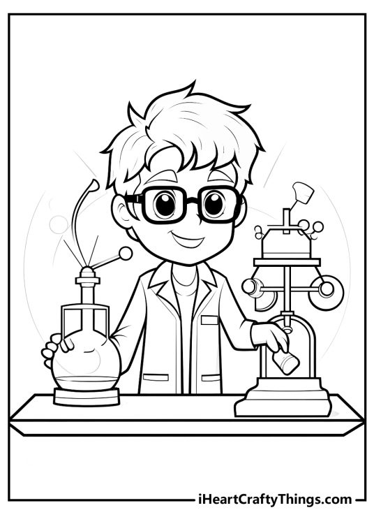 Detailed coloring image featuring smiling Ryan performing some experiments in his cool science lab