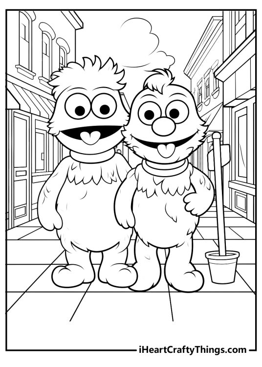 Detailed Sesame Street-themed coloring page featuring best friends Bert and Ernie posing on the street