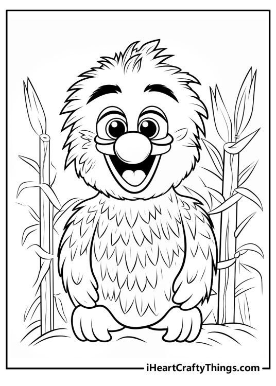 Detailed Sesame Street printable featuring character with textured and fluffy fur surrounded by bamboos