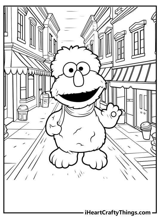 Sesame Street coloring sheet featuring one of the characters taking a walk down the street