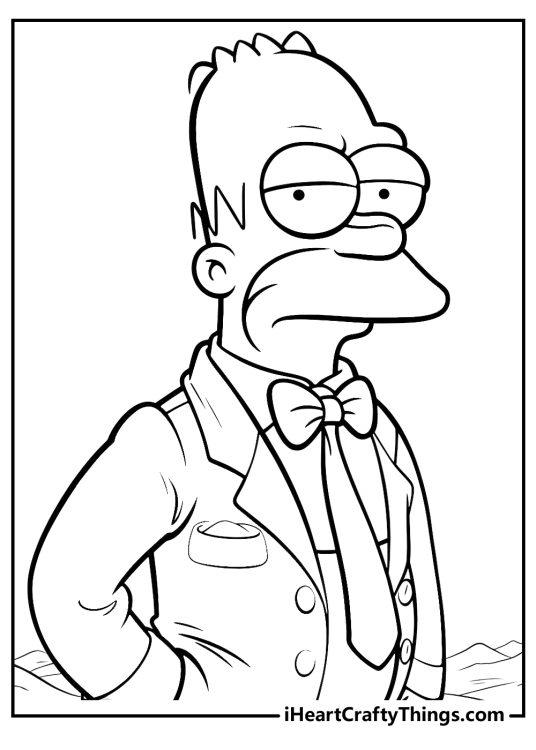 Simpsons-themed coloring printable presenting Homer dressed in a fancy suit and tie looking upset
